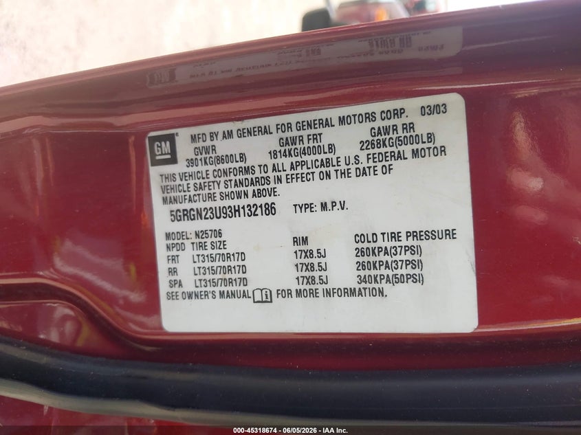 2003 Hummer H2 VIN 5GRGN23U93H132186 IAAI salvage auction — NORMAL WEAR, Salvage (Texas), sold $750 on 2026-09-02 (photo 9)