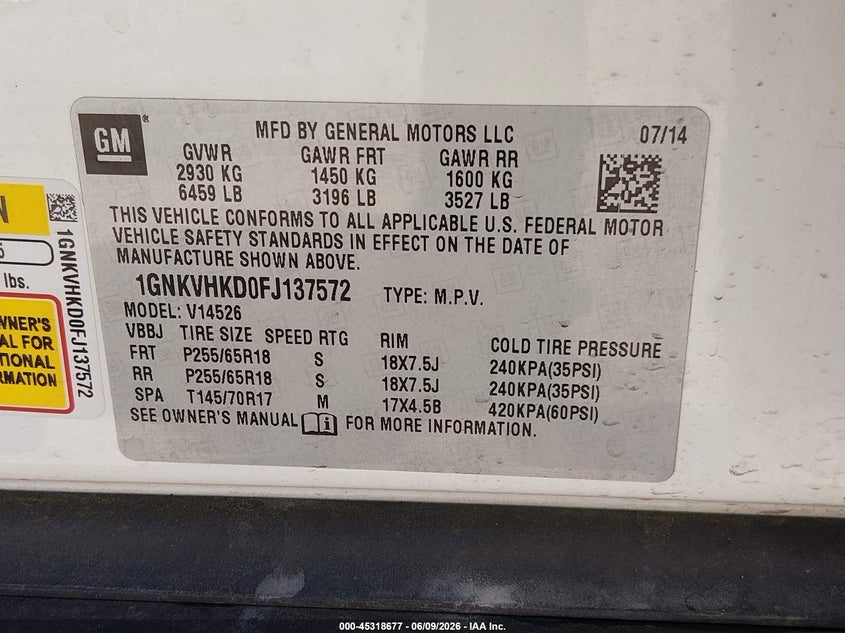 2015 Chevrolet Traverse VIN 1GNKVHKD0FJ137572 IAAI salvage auction — FRONT END, Salvage Title, sold $1,150 on 2026-07-24 (photo 9)