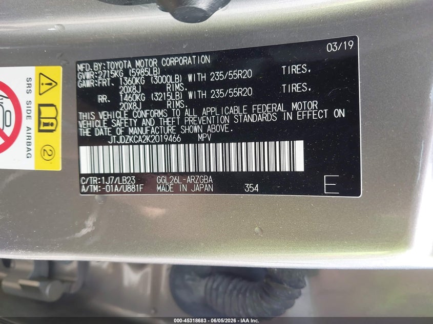 2019 Lexus Rx VIN JTJDZKCA2K2019466 IAAI salvage auction — LEFT SIDE, Salvage Title, sold $14,200 on 2026-07-10 (photo 9)
