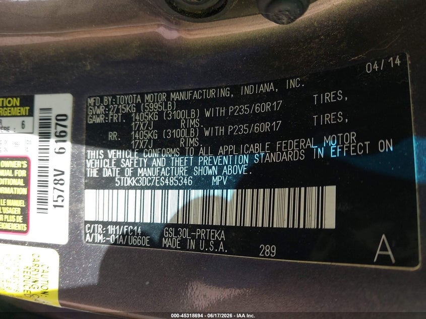 2014 Toyota Sienna VIN 5TDKK3DC7ES485346 IAAI salvage auction — REAR END, Salvage Title, sold $2,450 on 2026-07-15 (photo 9)