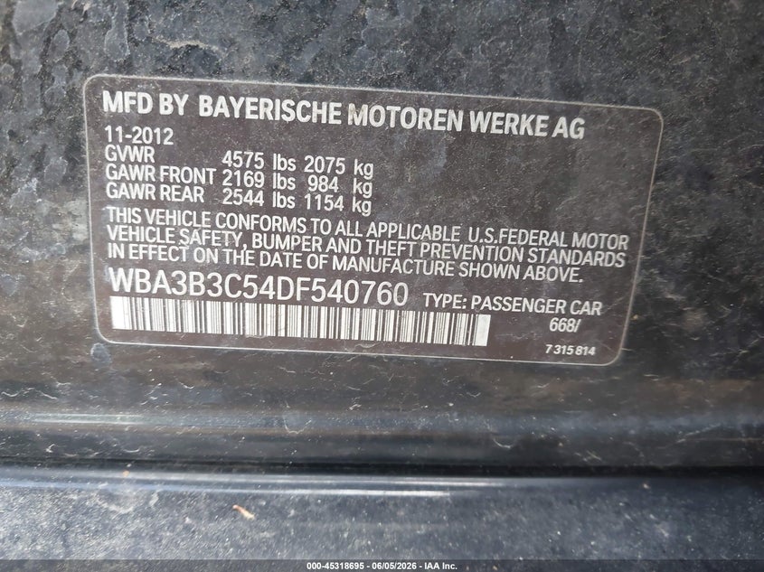 2013 BMW 3er VIN WBA3B3C54DF540760 IAAI salvage auction — NORMAL WEAR, Salvage Title, sold $250 on 2026-07-22 (photo 9)