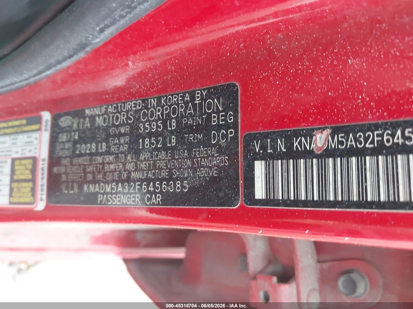 2015 Kia Rio VIN KNADM5A32F6456385 IAAI salvage auction — NORMAL WEAR, Original (Ohio), sold $500 on 2026-07-08 (photo 9)