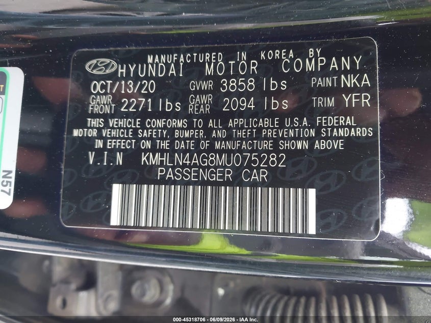 2021 Hyundai Elantra VIN KMHLN4AG8MU075282 IAAI salvage auction — FRONT END, Salvage Title, sold $2,550 on 2026-07-20 (photo 9)