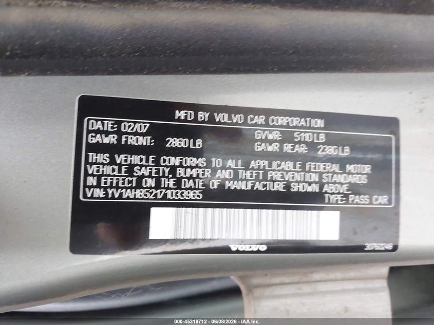 2007 Volvo S80 VIN YV1AH852171033965 IAAI salvage auction — NORMAL WEAR, Clear (Washington), sold $400 on 2026-07-15 (photo 9)