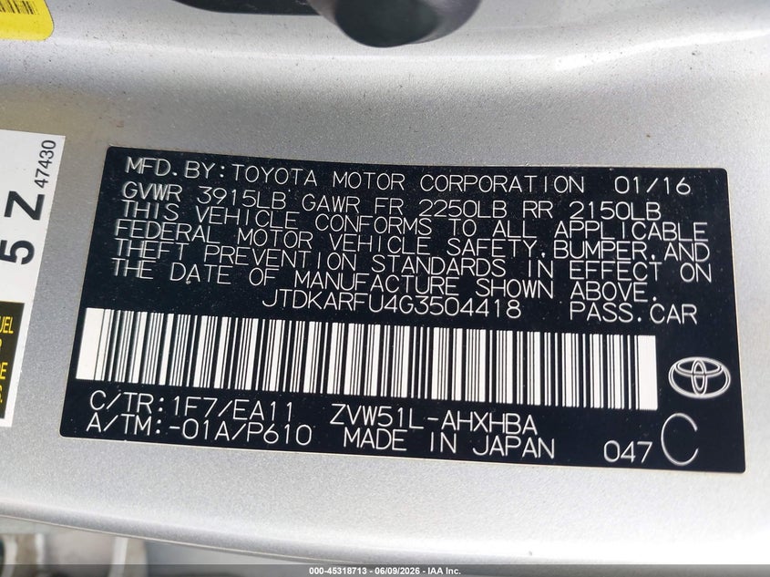 2016 Toyota Prius VIN JTDKARFU4G3504418 IAAI salvage auction — HAIL, Salvage (Illinois), sold $3,550 on 2026-07-22 (photo 9)