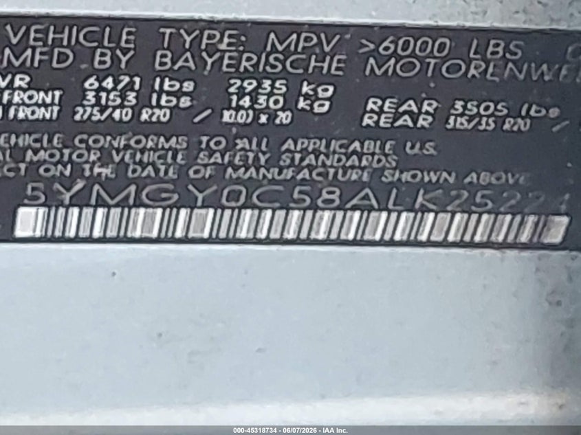 2010 BMW X5 VIN 5YMGY0C58ALK25224 IAAI salvage auction — FRONT END, Bill Of Sale (New York), sold $2,075 on 2026-07-07 (photo 9)