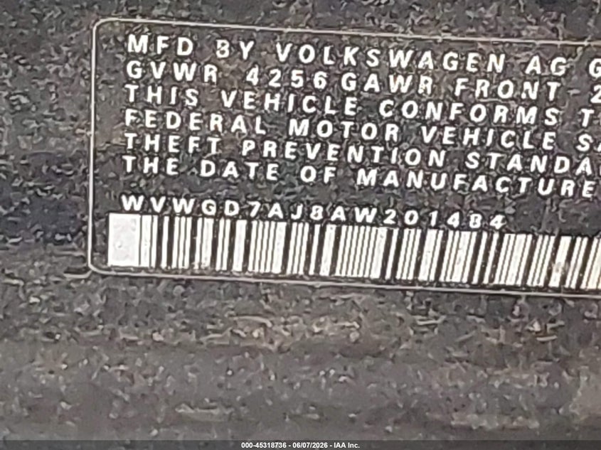 2010 Volkswagen Gti VIN WVWGD7AJ8AW201484 IAAI salvage auction — FRONT & REAR, Bill Of Sale (New York), sold $450 on 2026-07-07 (photo 9)