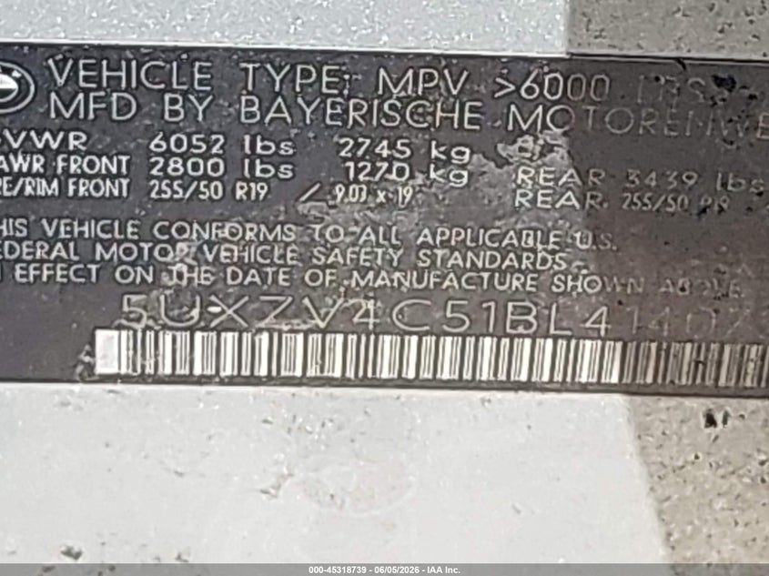 2011 BMW X5 VIN 5UXZV4C51BL414072 IAAI salvage auction — FRONT & REAR, Bill Of Sale (New York), sold $475 on 2026-07-07 (photo 9)