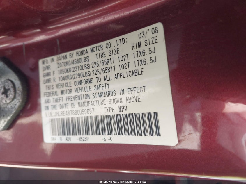 2008 Honda Cr-v VIN JHLRE48788C059697 IAAI salvage auction — FRONT & REAR, Bill Of Sale (New York), sold $575 on 2026-07-07 (photo 9)