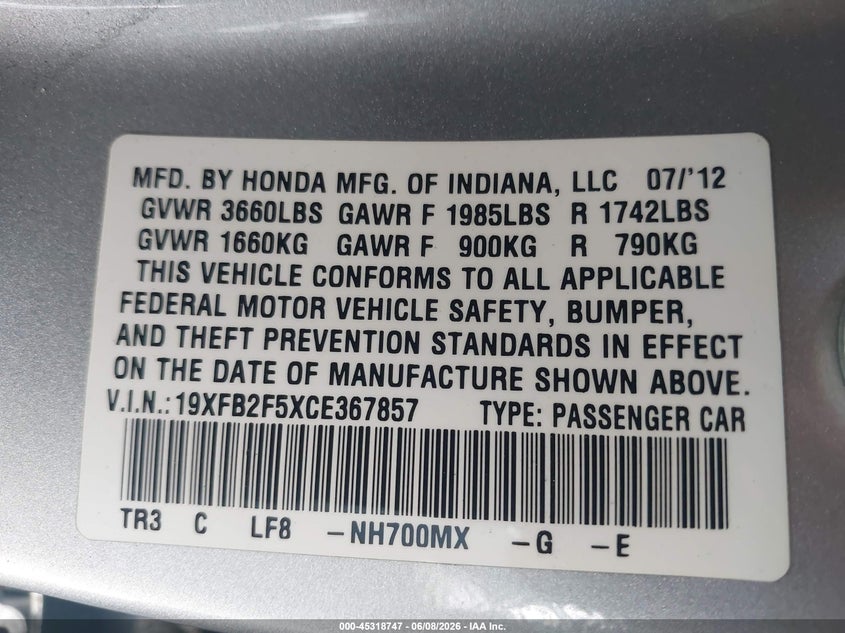 2012 Honda Civic VIN 19XFB2F5XCE367857 IAAI salvage auction — FRONT END, Salvage Title, sold $1,625 on 2026-07-09 (photo 9)