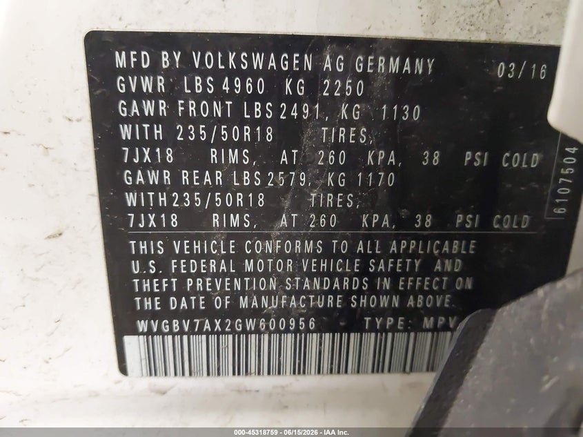 2016 Volkswagen Tiguan VIN WVGBV7AX2GW600956 IAAI salvage auction — NORMAL WEAR, Original (Maine), sold $875 on 2026-07-20 (photo 9)