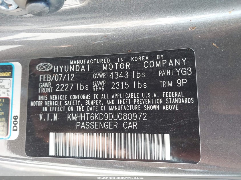 2013 Hyundai Genesis VIN KMHHT6KD9DU080972 IAAI salvage auction — NORMAL WEAR, Salvage Title - Dealer (California), sold $600 on 2026-07-14 (photo 9)