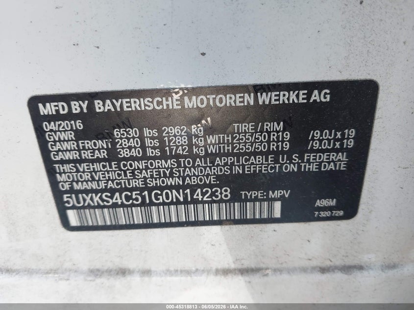 2016 BMW X5 VIN 5UXKS4C51G0N14238 IAAI salvage auction — RIGHT SIDE, Salvage Title, sold $7,725 on 2026-07-06 (photo 9)