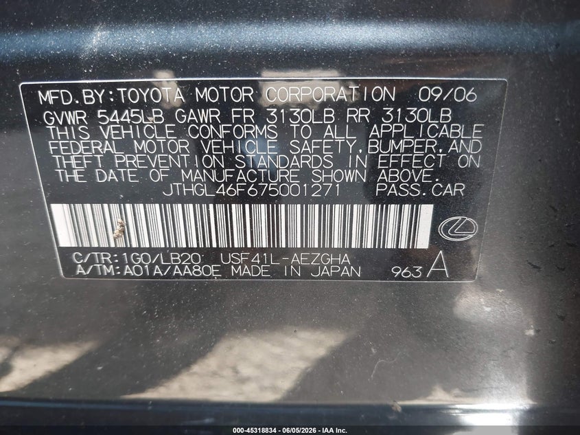 2007 Lexus Ls 460 VIN JTHGL46F675001271 IAAI salvage auction — NORMAL WEAR, Clear (Virginia), sold $775 on 2026-07-15 (photo 9)