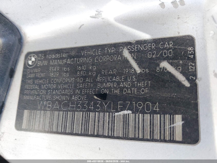 2000 BMW Z3 VIN WBACH3343YLF71904 IAAI salvage auction — FRONT & REAR, Clear (Utah), sold $850 on 2026-07-23 (photo 9)