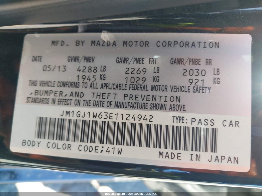 2014 Mazda 6 VIN JM1GJ1W63E1124942 IAAI salvage auction — FRONT END, Salvage (Arizona), sold $950 on 2026-07-07 (photo 9)