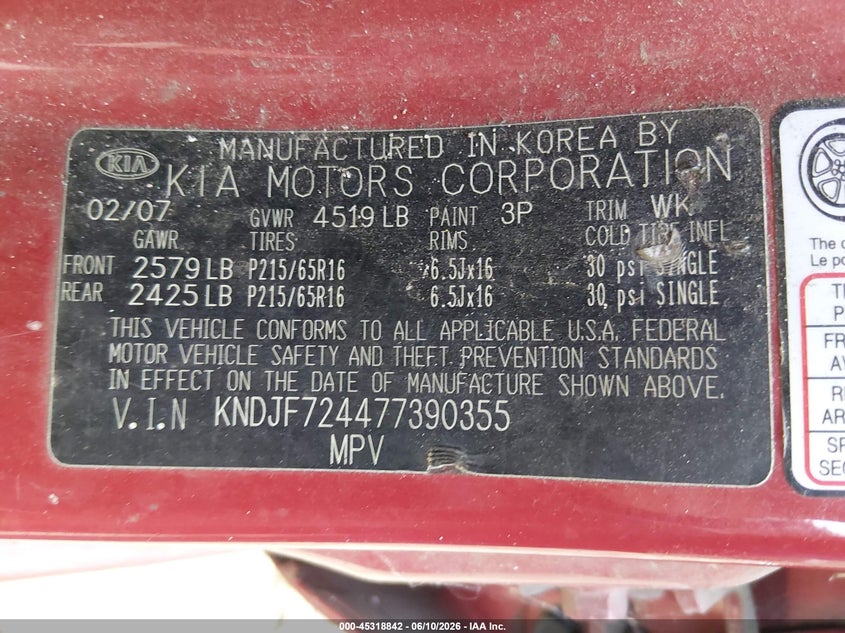 2007 Kia Sportage VIN KNDJF724477390355 IAAI salvage auction — NORMAL WEAR, Clear (South Carolina), sold $275 on 2026-07-28 (photo 9)