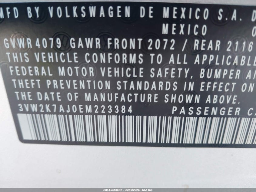 2014 Volkswagen Jetta VIN 3VW2K7AJ0EM223384 IAAI salvage auction — LEFT & RIGHT, Salvage Title, sold $850 on 2026-07-22 (photo 9)