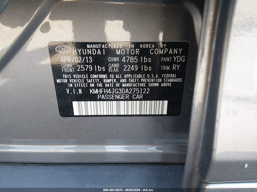 2013 Hyundai Azera VIN KMHFH4JG3DA275122 IAAI salvage auction — FRONT END, Salvage Title, sold $1,250 on 2026-07-09 (photo 9)