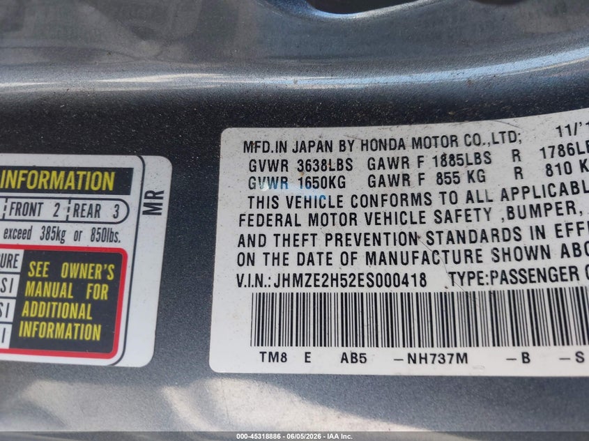 2014 Honda Insight VIN JHMZE2H52ES000418 IAAI salvage auction — SIDE, Salvage (California), sold $350 on 2026-07-29 (photo 9)