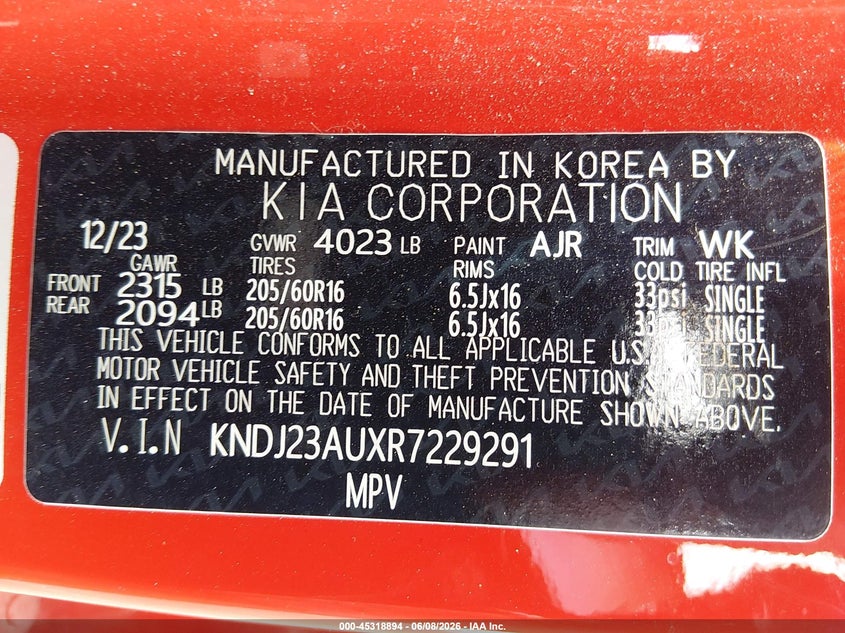 2024 Kia Soul VIN KNDJ23AUXR7229291 IAAI salvage auction — FRONT END, Salvage Title, sold $2,900 on 2026-07-24 (photo 9)