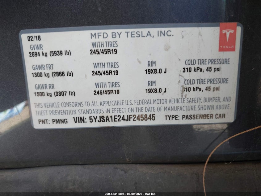 2018 Tesla Model s VIN 5YJSA1E24JF245845 IAAI salvage auction — NORMAL WEAR, Clear (Arizona), sold $2,550 on 2026-07-28 (photo 9)