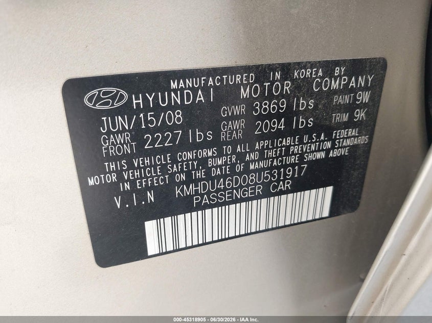 2008 Hyundai Elantra VIN KMHDU46D08U531917 IAAI salvage auction — SIDE, Clear (Texas), sold $275 on 2026-07-16 (photo 9)
