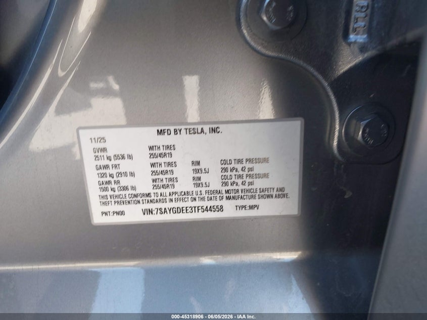 2026 Tesla Model y VIN 7SAYGDEE3TF544558 IAAI salvage auction — LEFT FRONT, Salvage Title, sold $16,950 on 2026-07-20 (photo 9)