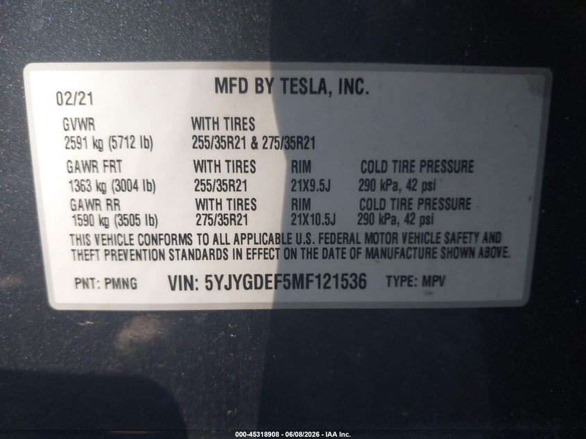 2021 Tesla Model y VIN 5YJYGDEF5MF121536 IAAI salvage auction — FRONT END, Salvage Title, sold $13,900 on 2026-07-15 (photo 9)