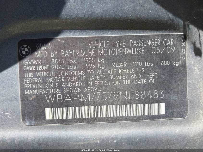2009 BMW 3 series VIN WBAPM77579NL88483 IAAI salvage auction — NORMAL WEAR, Clear - Dealer Only (California), sold $700 on 2026-07-21 (photo 9)