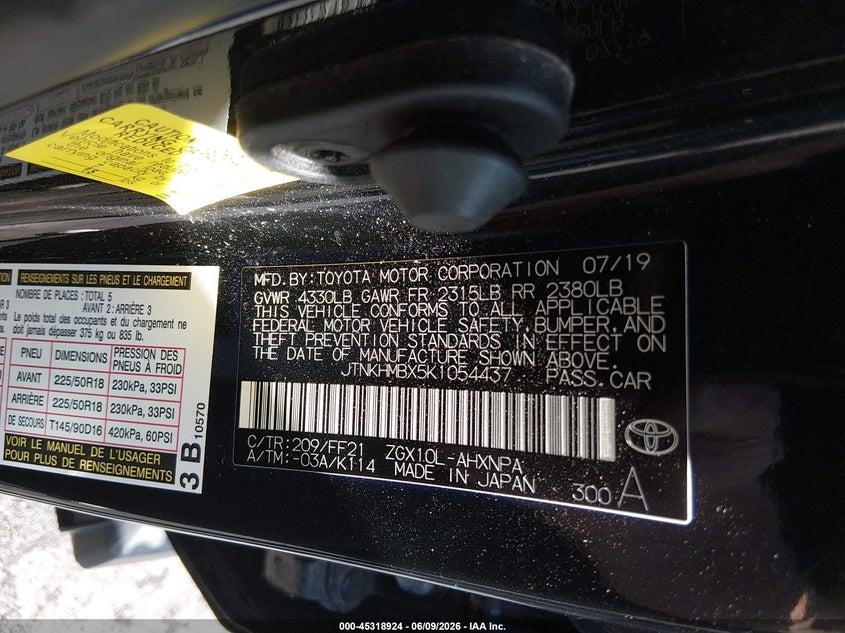 2019 Toyota C-hr VIN JTNKHMBX5K1054437 IAAI salvage auction — FRONT END, Repossessed (Missouri), sold $4,150 on 2026-07-21 (photo 9)