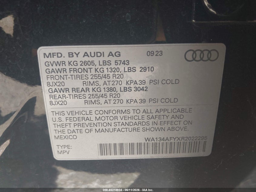 2024 Audi Sq5 sportback VIN WA134AFYXR2022295 IAAI salvage auction — FRONT END, Clear (Tennessee), sold $26,200 on 2026-07-27 (photo 9)