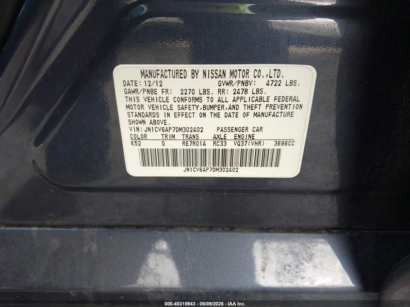 2013 Infiniti G37 VIN JN1CV6AP7DM302402 IAAI salvage auction — RIGHT SIDE, Original (Texas), sold $1,350 on 2026-07-20 (photo 9)