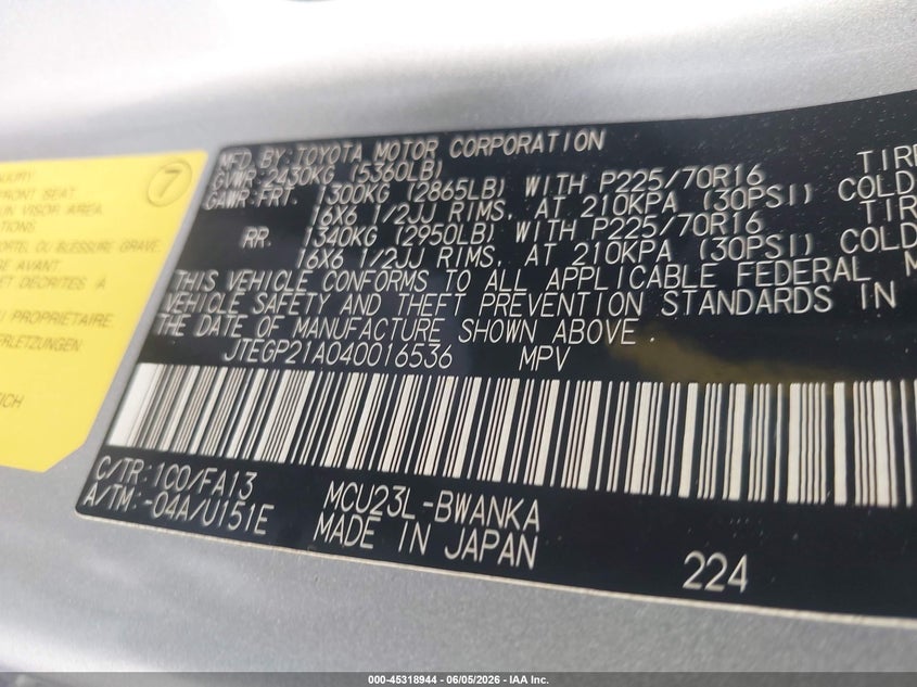 2004 Toyota Highlander VIN JTEGP21A040016536 IAAI salvage auction — NORMAL WEAR, Repossession Paperwork (Georgia), sold $300 on 2026-07-22 (photo 9)