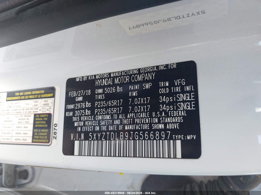 2018 Hyundai Santa fe VIN 5XYZTDLB9JG566897 IAAI salvage auction — FRONT END, Restored (Arizona), sold $1,800 on 2026-07-16 (photo 9)