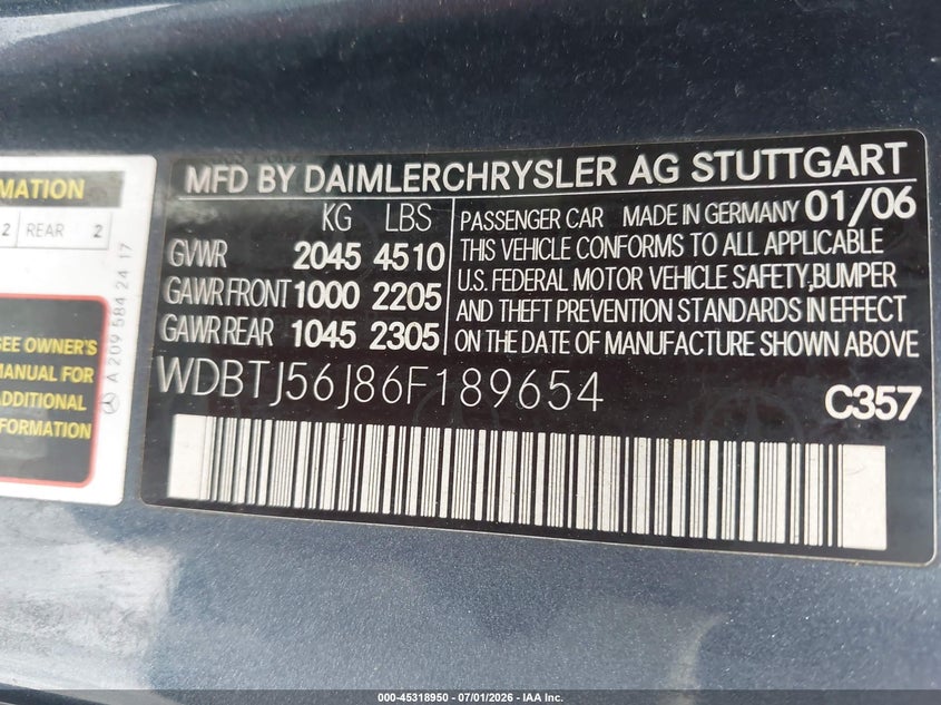 2006 Mercedes-benz Clk-class VIN WDBTJ56J86F189654 IAAI salvage auction — NORMAL WEAR, Clear (Florida), sold $550 on 2026-08-06 (photo 9)