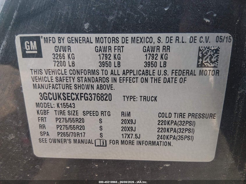 2015 Chevrolet Silverado VIN 3GCUKSECXFG376820 IAAI salvage auction — ELECTRICAL, Salvage Title, sold $3,100 on 2026-07-24 (photo 9)