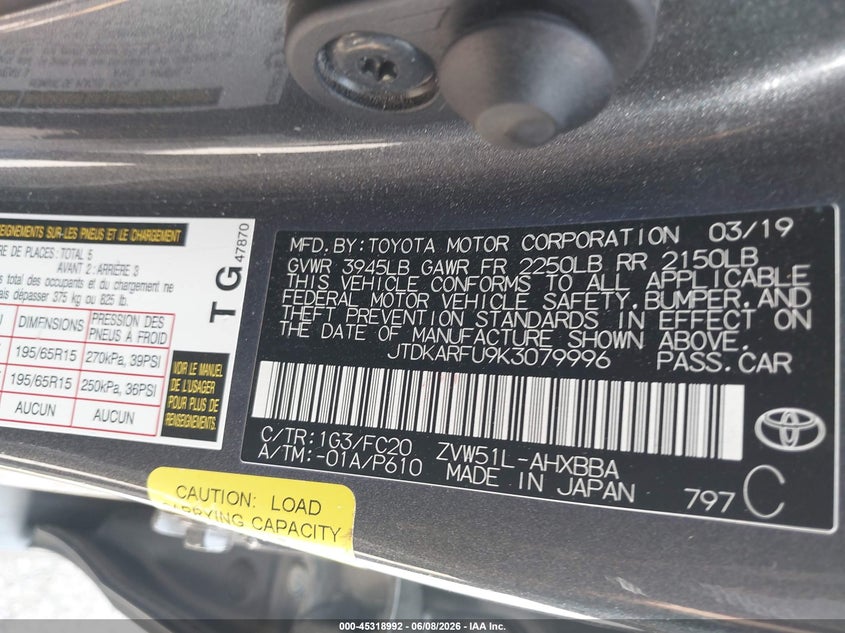 2019 Toyota Prius VIN JTDKARFU9K3079996 IAAI salvage auction — REAR END, Original (Texas), sold $6,150 on 2026-07-20 (photo 9)