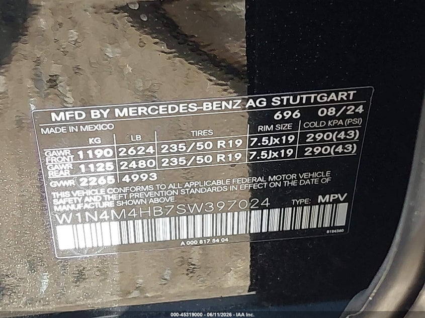 2025 Mercedes-benz Glb VIN W1N4M4HB7SW397024 IAAI salvage auction — WATER/FLOOD, Salvage Title, sold $20,850 on 2026-08-25 (photo 9)