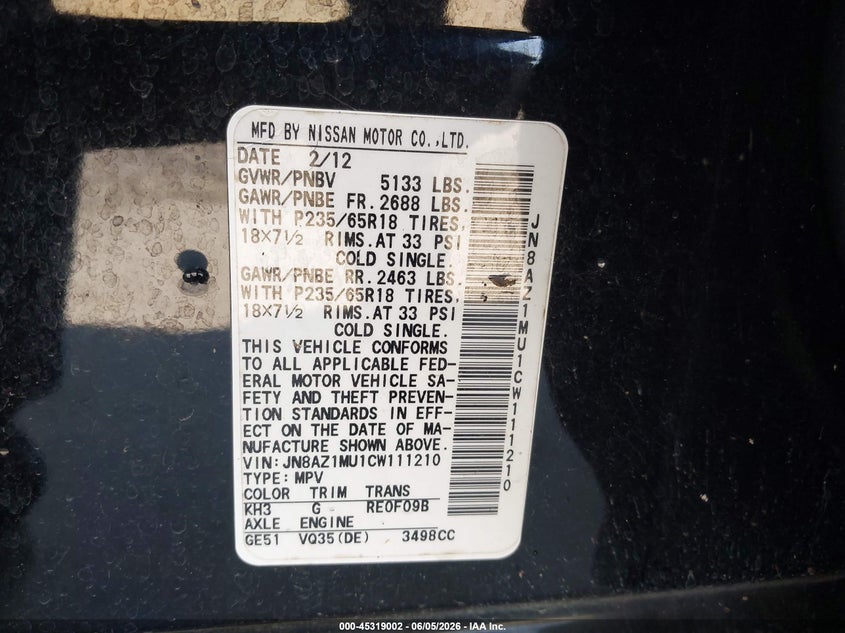 2012 Nissan Murano VIN JN8AZ1MU1CW111210 IAAI salvage auction — RIGHT SIDE, Repossession Paperwork (Georgia), sold $325 on 2026-07-06 (photo 9)