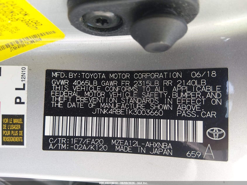 2019 Toyota Corolla VIN JTNK4RBE1K3003660 IAAI salvage auction — RIGHT SIDE, Salvage Title, sold $5,025 on 2026-07-15 (photo 9)