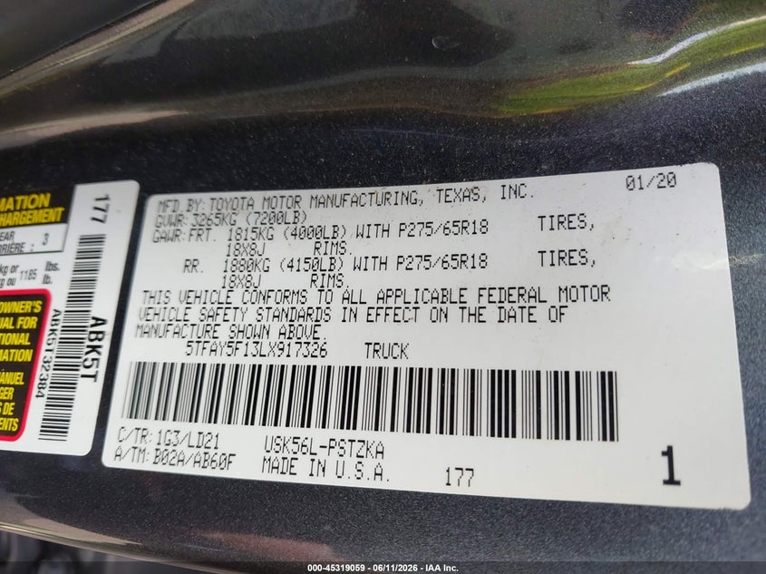2020 Toyota Tundra VIN 5TFAY5F13LX917326 IAAI salvage auction — REAR END, Salvage (Virginia), sold $16,250 on 2026-07-17 (photo 9)