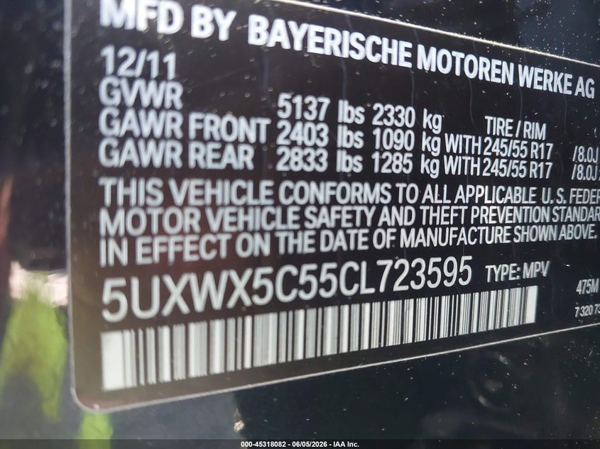 2012 BMW X3 VIN 5UXWX5C55CL723595 IAAI salvage auction — NORMAL WEAR, Clear (North Carolina), sold $350 on 2026-07-09 (photo 9)