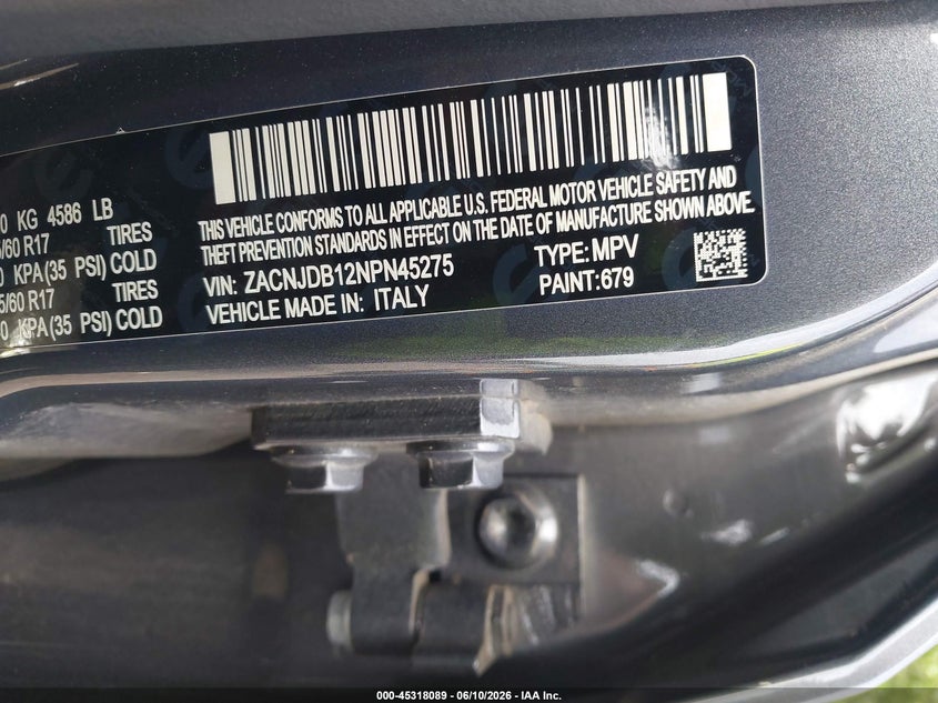 2022 Jeep Renegade VIN ZACNJDB12NPN45275 IAAI salvage auction — NORMAL WEAR, Salvage Title, sold $1,650 on 2026-08-04 (photo 9)