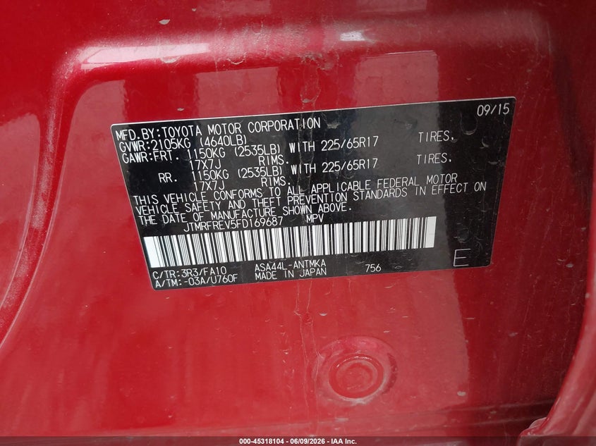 2015 Toyota Rav 4 VIN JTMRFREV5FD169687 IAAI salvage auction — RIGHT FRONT, Salvage Title, sold $3,950 on 2026-08-02 (photo 9)