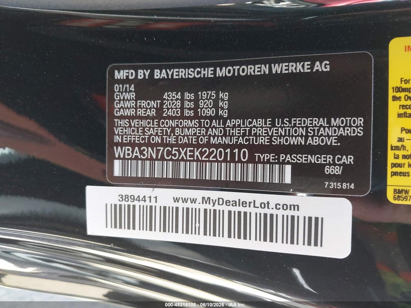 2014 BMW 4er VIN WBA3N7C5XEK220110 IAAI salvage auction — LEFT SIDE, Salvage (California), sold $3,550 on 2026-07-22 (photo 9)