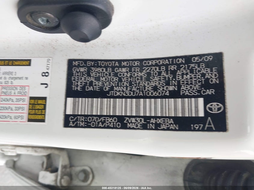 2010 Toyota Prius VIN JTDKN3DU7A1006074 IAAI salvage auction — FRONT END, Salvage (California), sold $2,000 on 2026-07-29 (photo 9)