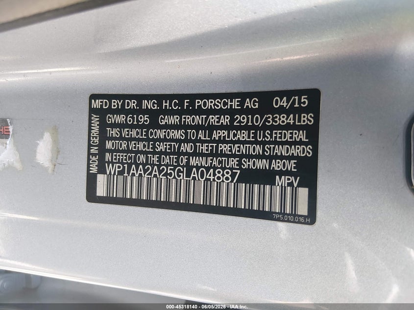 2016 Porsche Cayenne VIN WP1AA2A25GLA04887 IAAI salvage auction — LEFT SIDE, Clear - Dealer Only (California), sold $5,250 on 2026-07-12 (photo 9)