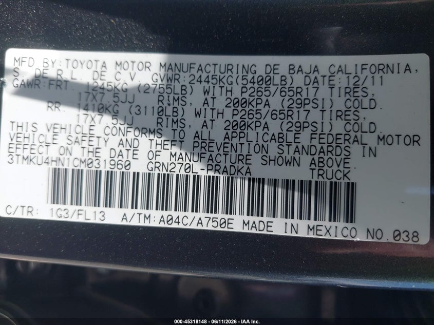 2012 Toyota Tacoma VIN 3TMKU4HN1CM031960 IAAI salvage auction — LEFT FRONT, Salvage Title, sold $5,000 on 2026-08-09 (photo 9)