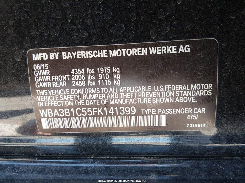 2015 BMW 3er VIN WBA3B1C55FK141399 IAAI salvage auction — NORMAL WEAR, Salvage Title, sold $1,875 on 2026-07-29 (photo 9)